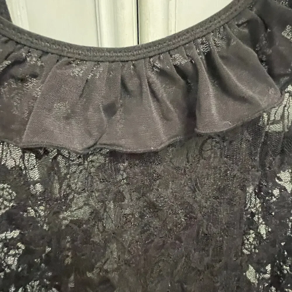 Black Lace Teddy Chemise Size Small Lingerie Floral Ruffle Stretch